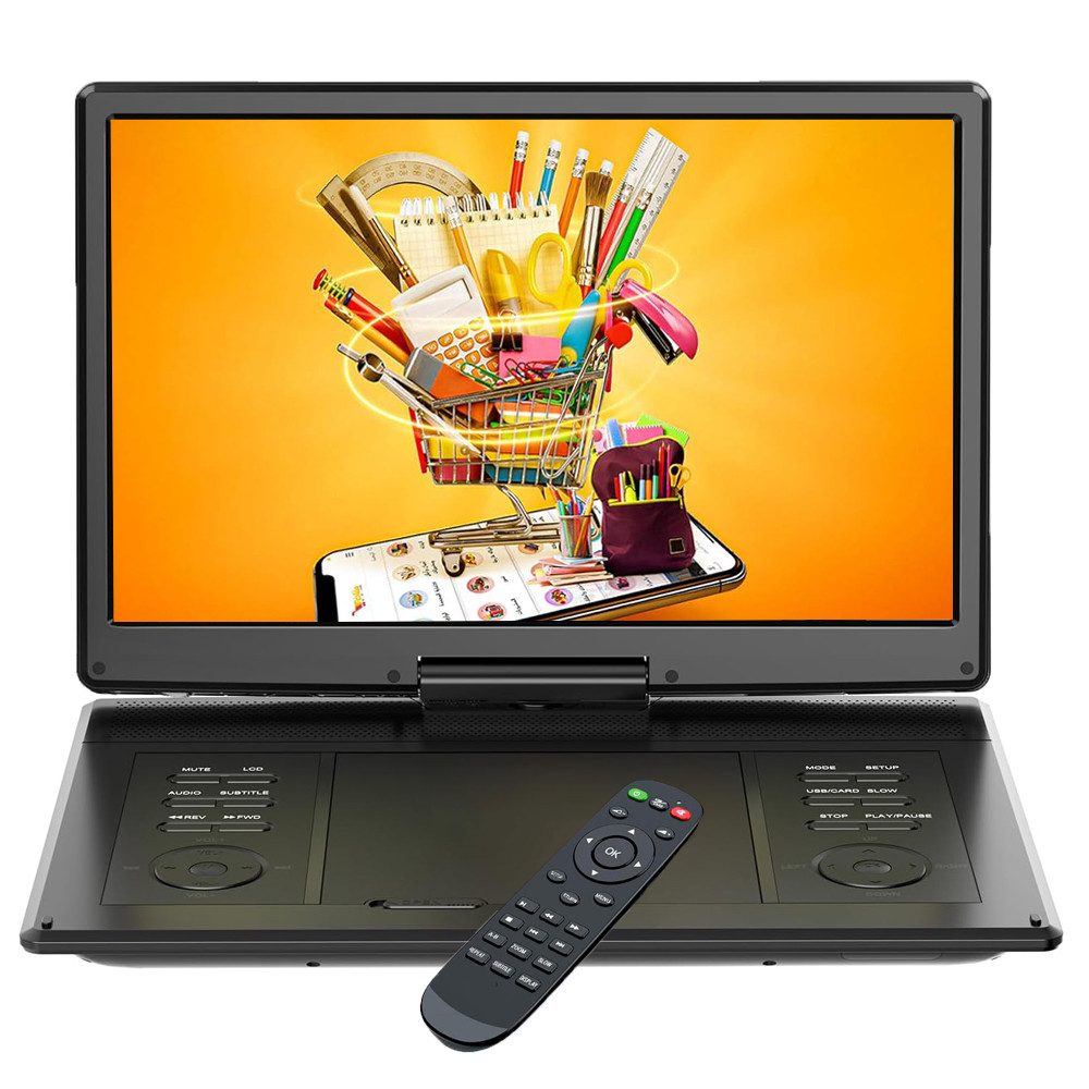 Boifun 15,7" Tragbarer DVD Player mit 14,1 Zoll HD Schwenkbaren Bildschirm DVD-Player (1366*768, Unterstützt FM-Transmitter, Sync-TV, USB, TF-Karte alle Regionen)