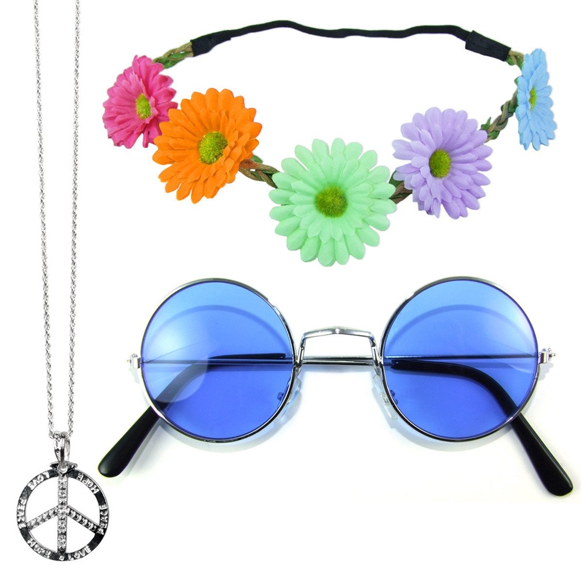 Verkleidungsmaske Hippie Set 3-tlg. - Margeriten Haarband Peace Kett