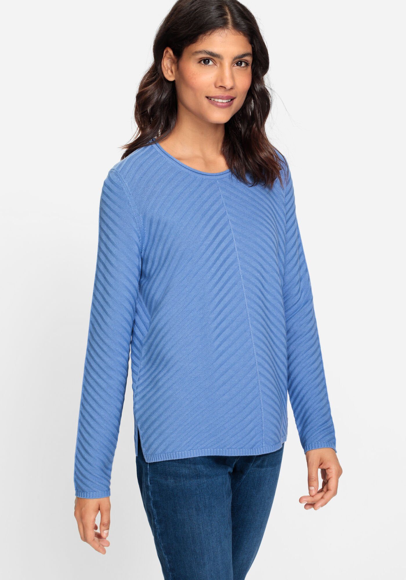 Olsen Rundhalspullover Eva mit diagonal verlaufendem Strickmuster Sterling Blue