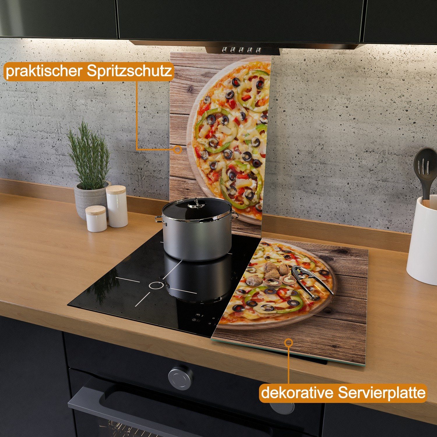 5mm Paprika verschiedene Größen Pizza Oliven. mit inkl. tlg., (Glasplatte, Käse, ESG-Sicherheitsglas, Italienische Noppen), 2 Herd-Abdeckplatte Wallario und Peperoni,