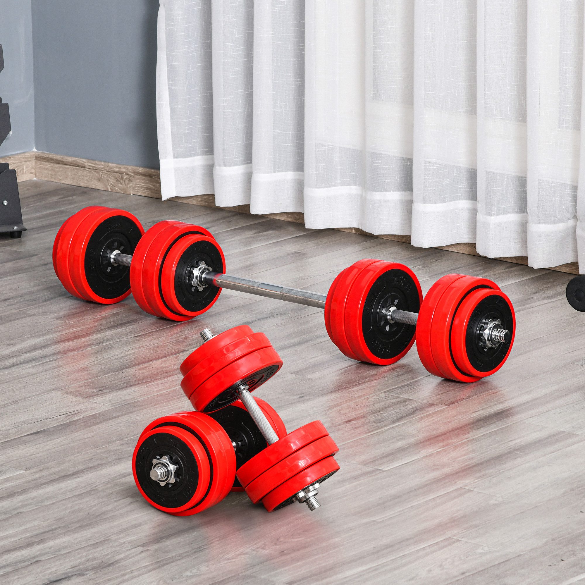 HOMCOM Hantel-Set Hanteln & Langhanteln verstellbar für Zuhause Fitness Muskel, (Krafttrainingsset, Gewichthebensset), Stahl Eisen Sand Rot+Schwarz