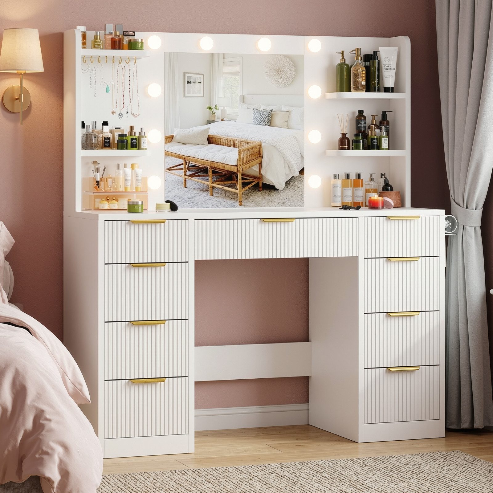 HOMALL Schminktisch Mit dreifarbiger LED-Beleuchtung, mit Spiegel, optional mit Hockern (Maße: 110 x 40 x 137 cm, mit 10 kugelförmigen Lampen, deren Helligkeit und Farbtemperatur einstellbar sind, sowie einer Schublade. Ausgestattet mit 1 USB-Anschluss, 1