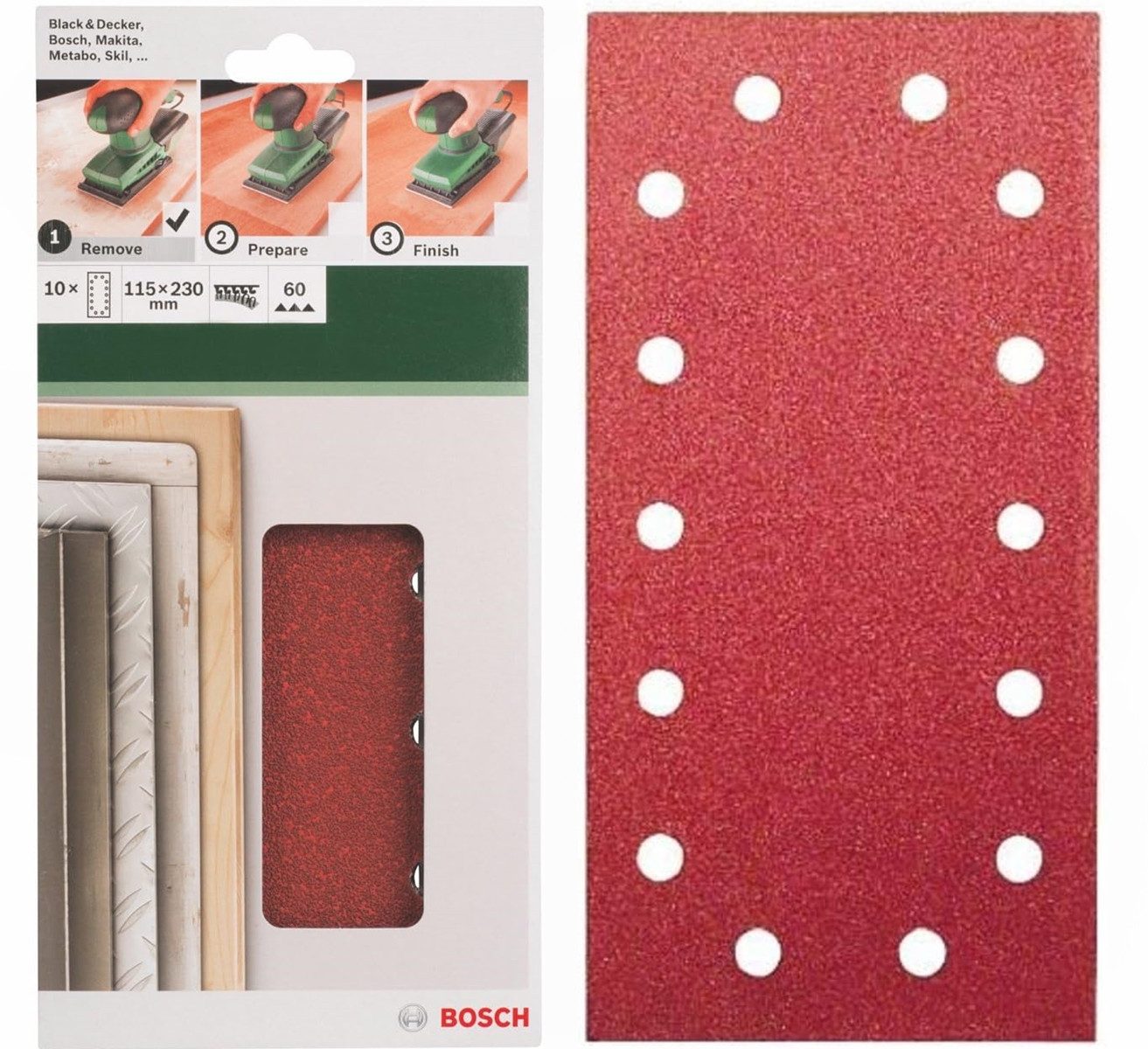 BOSCH Schleifpapier Schleifblatt Klett 10 x, 115 x 230 mm, K 60 für Schwingschleifer
