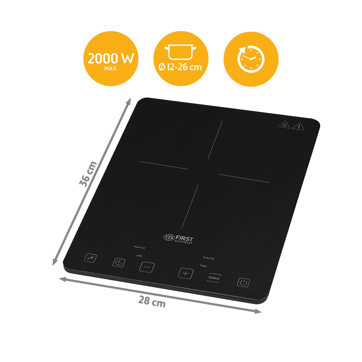 TZS FIRST AUSTRIA Einzelkochplatte 2000W, Induktionskochplatte, 10 Temperaturstufen & Timer, Slim Design, Kindersicherung, Überhitzungsschutz, digitale Steuerung