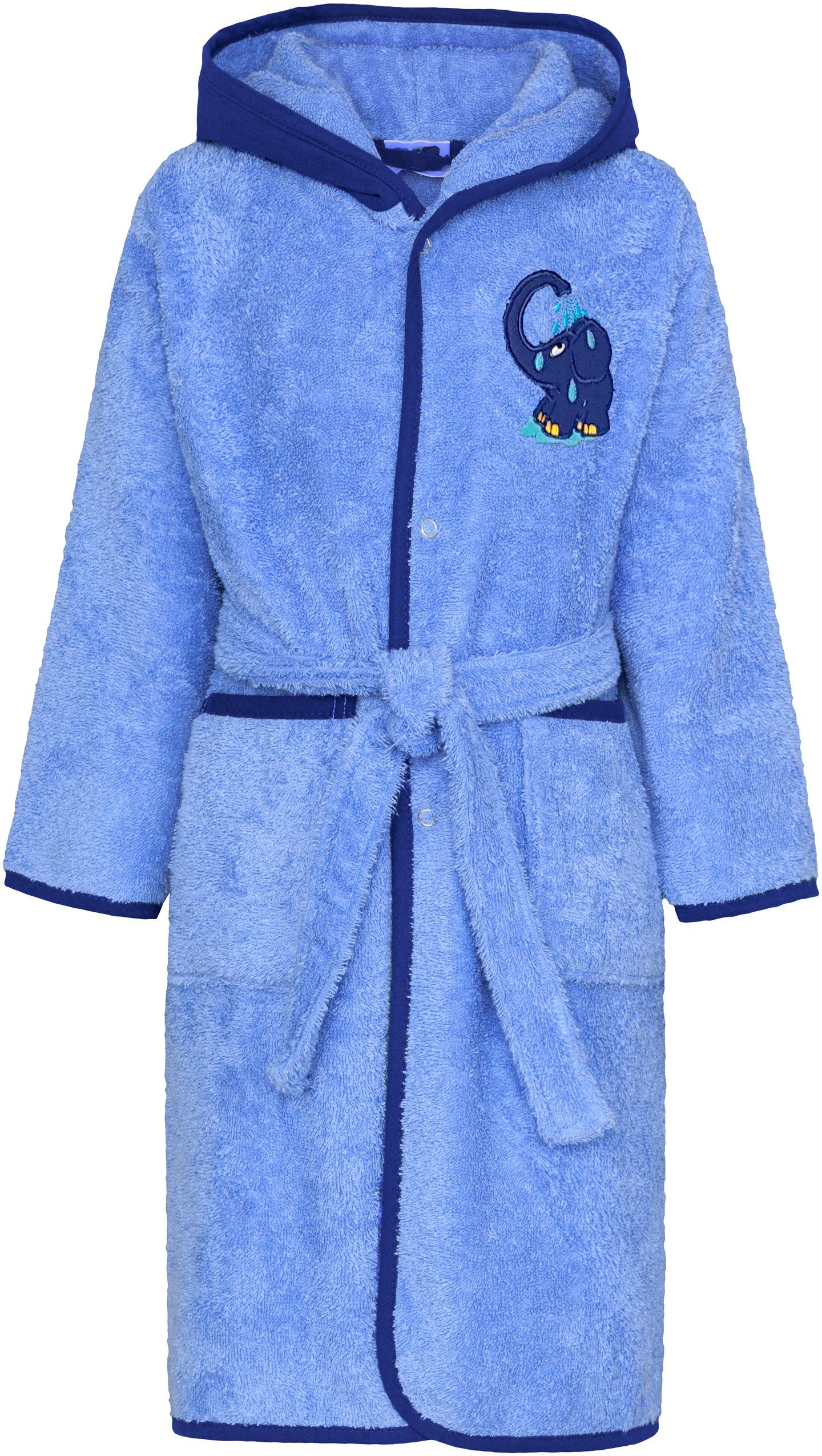 Smithy Kinderbademantel mit dem blauen Elefanten, Frottee, Kapuze, Gürtel, Knöpfe, made in Europe