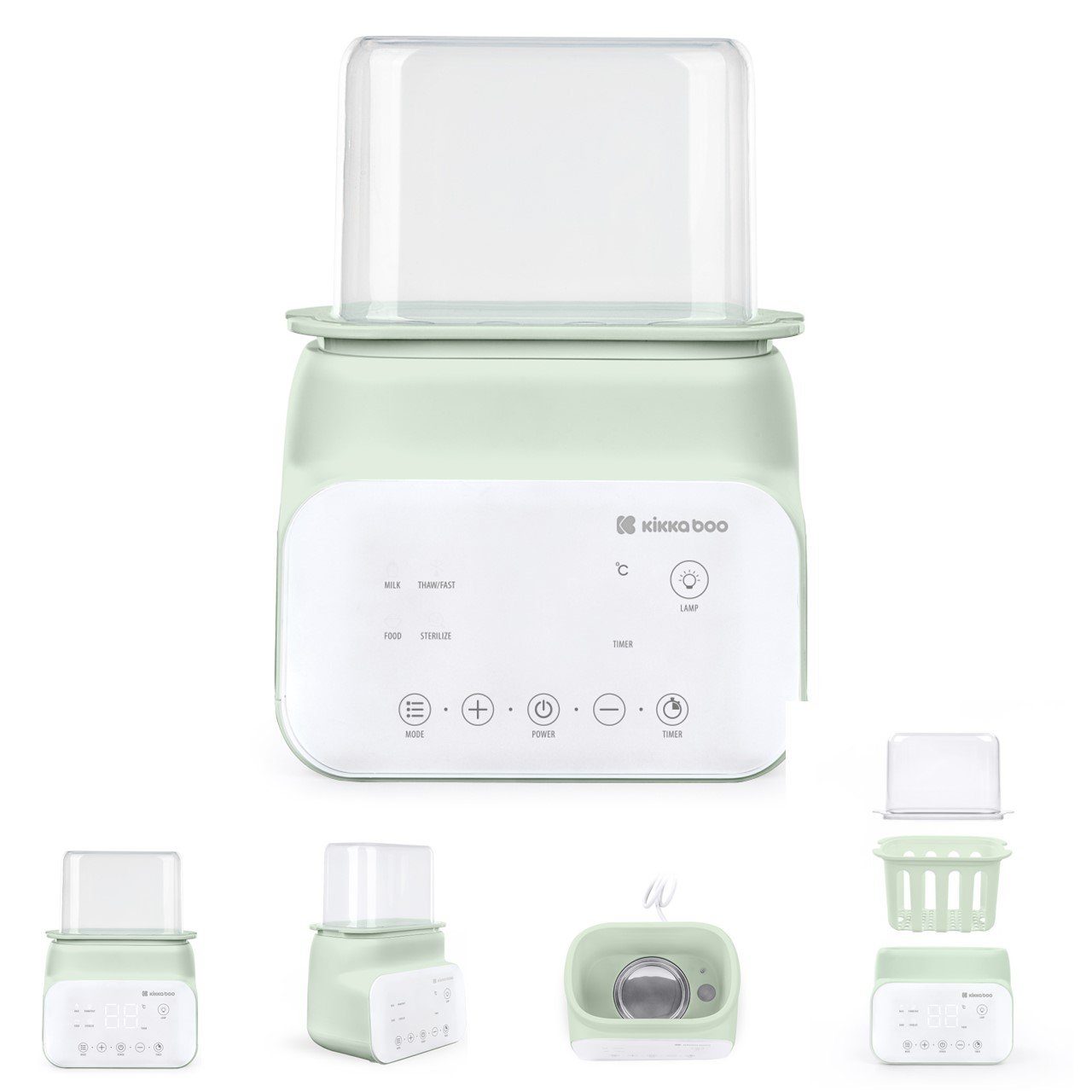 Kikkaboo Babyflaschenwärmer Doppelflaschenwärmer Handy 4 in 1, Erwärmen Sterilisieren Nachtlicht weiß grün