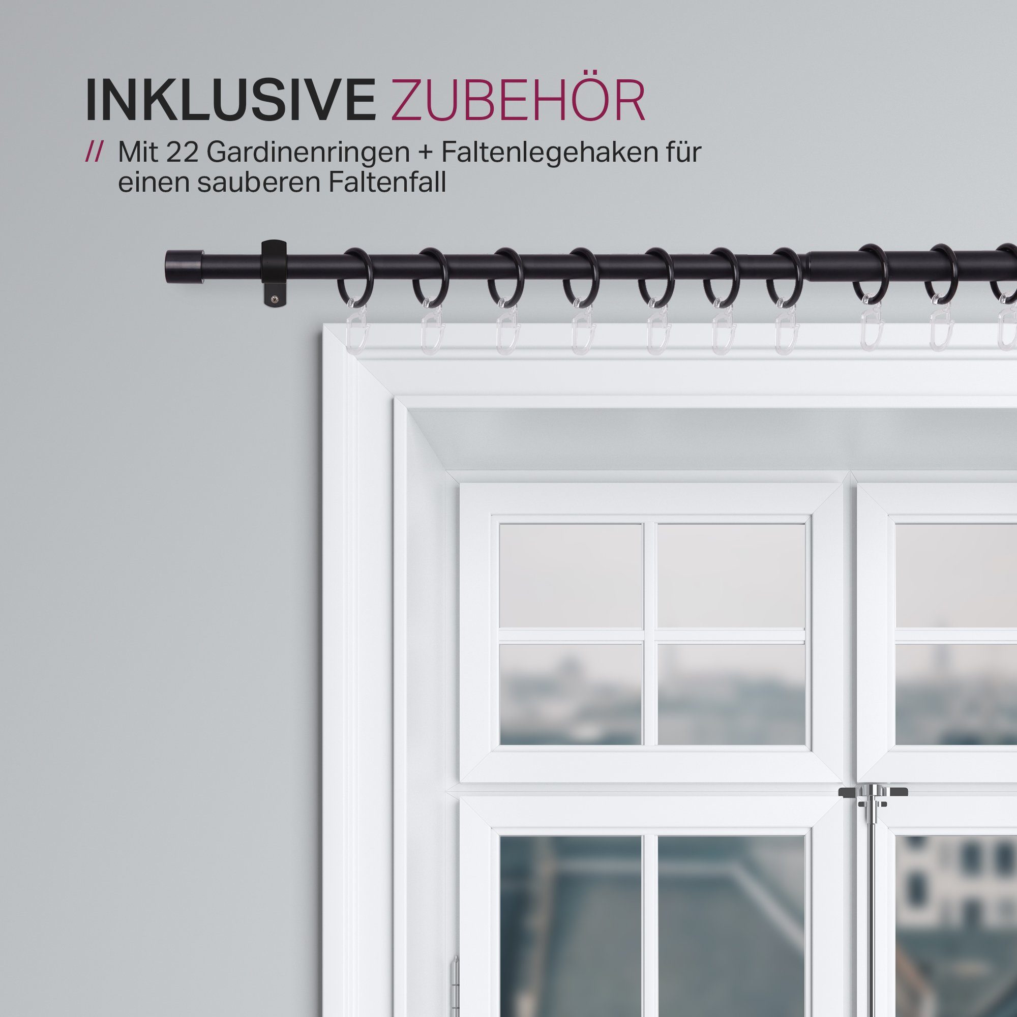 Bestlivings Gardinenstange mit dekorativen Endstücken 120-220 cm, Ø 16 mm, 1-läufig, ausziehbar, Wandträger, verschraubt, Metall, inkl. Ringe mit Faltlegehaken  – Bild 4 von 5