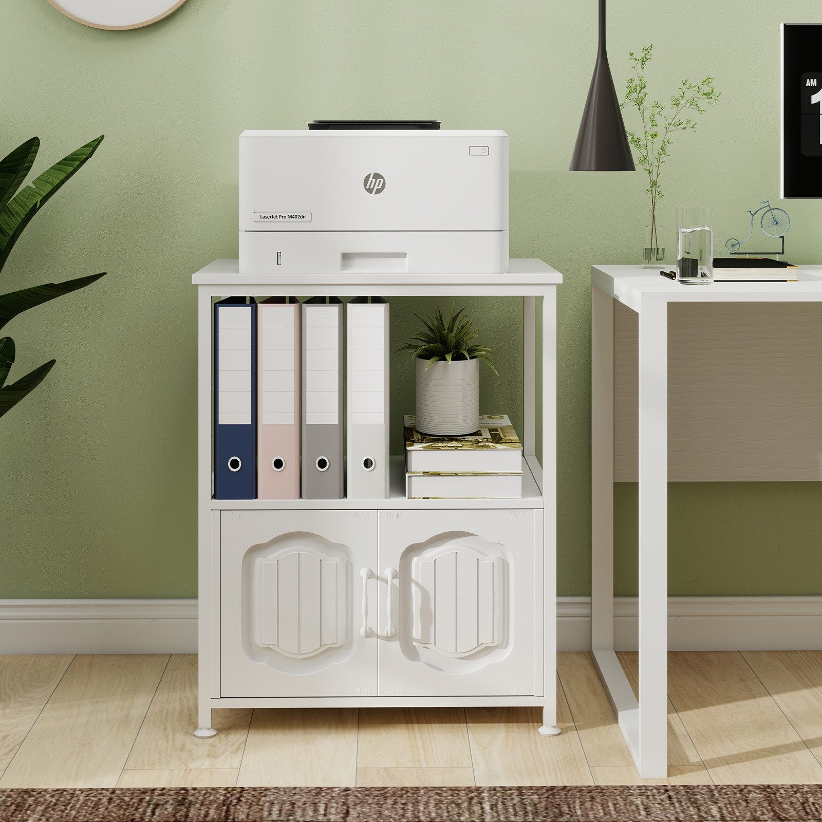 PUNCIA Druckertisch mit Stauraum & dekorativen Türen, Druckerschrank, Küchenschrank (1-St), Druckerständer 3 Ebenen, Büroschrank 60 x 40 x 75 cm – Bild 4 von 5
