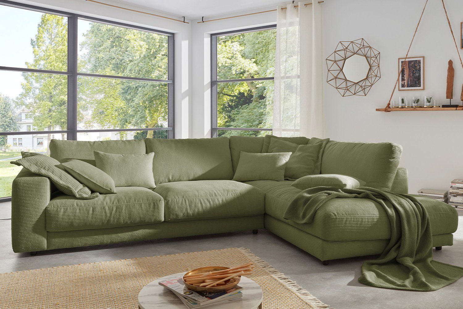 KAWOLA Ecksofa MADELINE, Sofa rechts od. versch. Recamiere Cord, Farben links, olivgrün