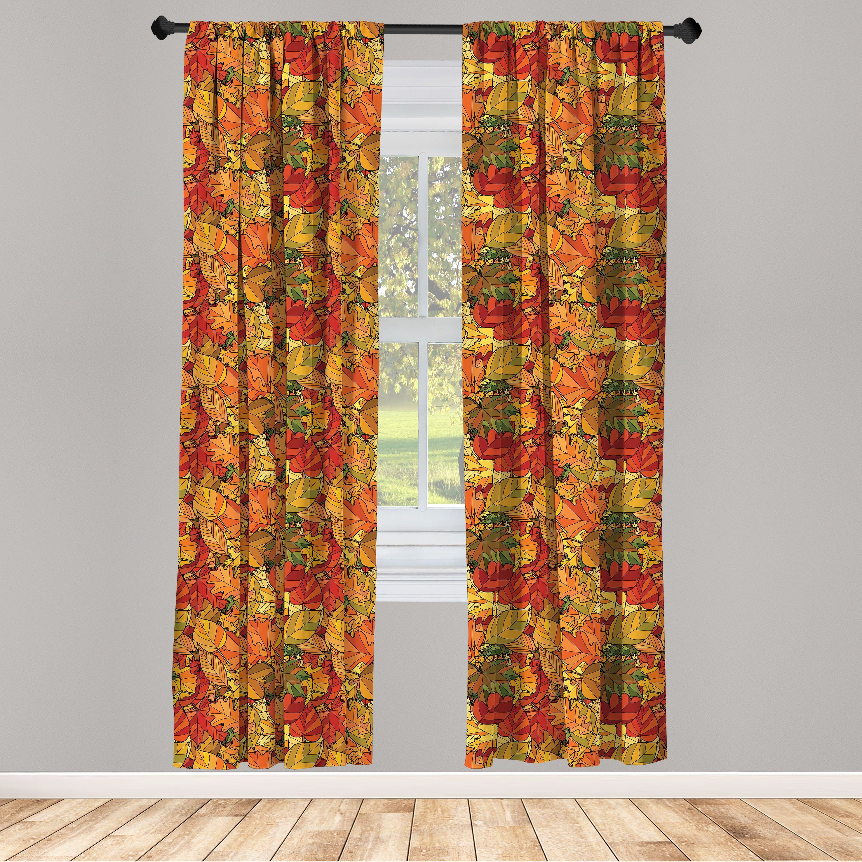 Gardine Vorhang für Wohnzimmer Schlafzimmer Dekor, Abakuhaus, Microfaser, Herbst Abstrakt Stil Blätter Doodle