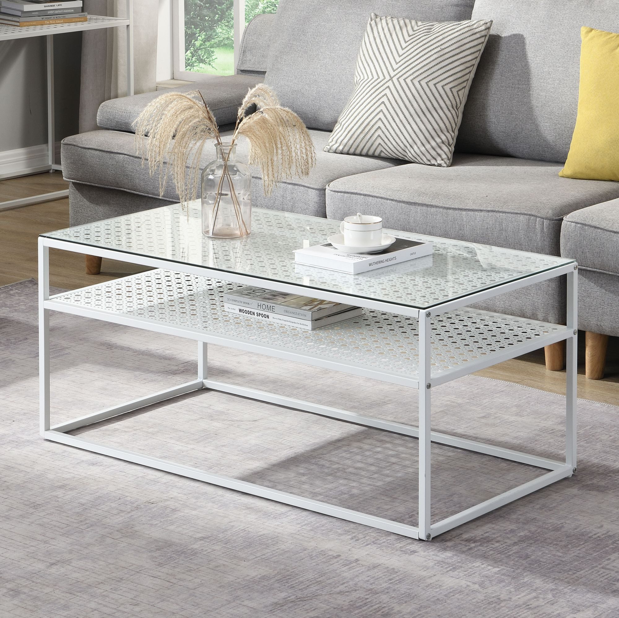 Wohnling Couchtisch WL7.328 Glas Rechteckig 100 cm Weiß Metall Wohnzimmertisch Ablage (Sofatisch Glas Rechteckig 100 cm Weiß Ablage), Wohnzimmertisch Industrial, Metallgestell Modern