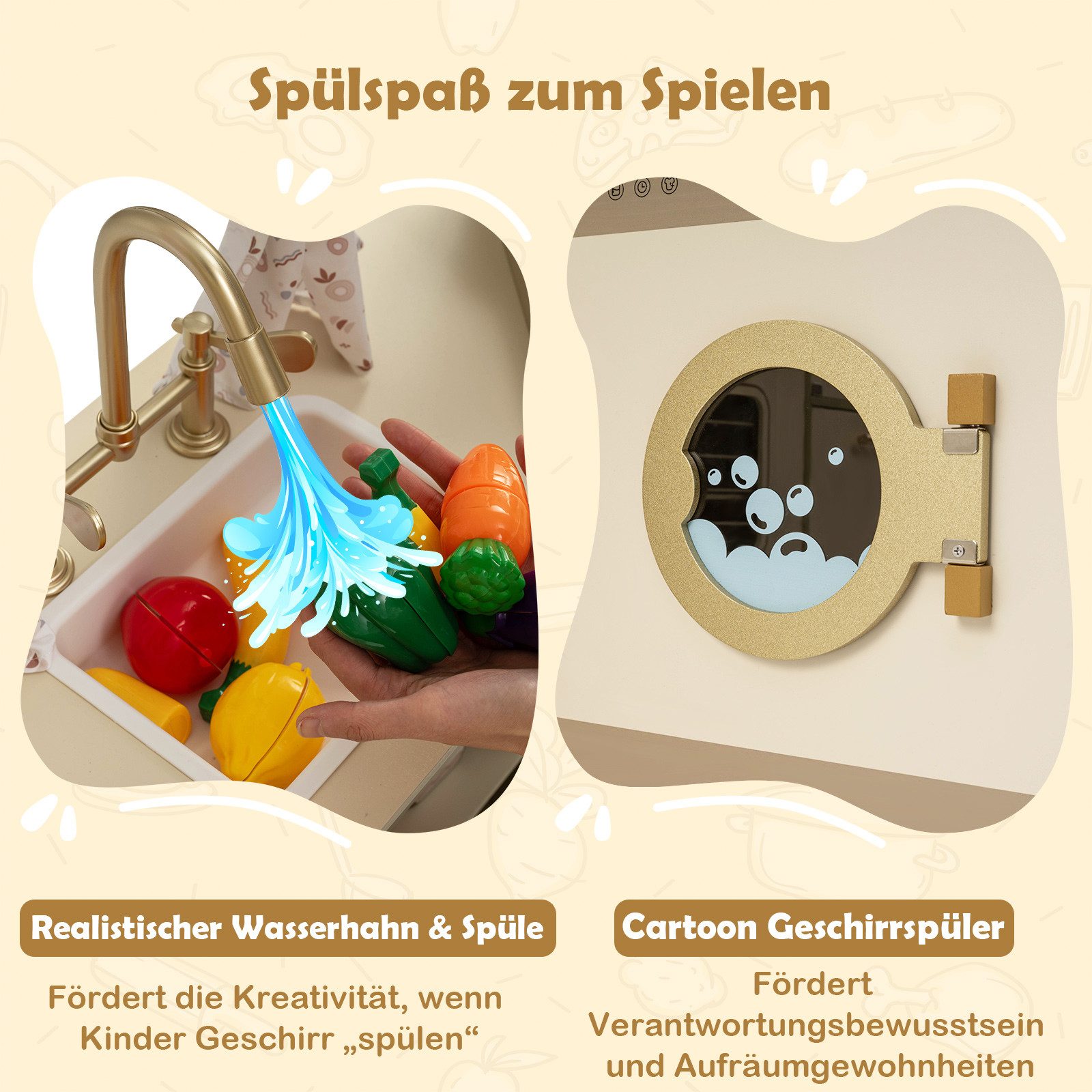 COSTWAY Spielküche Holz, Mit Wasserhahn, Geschirrspüler, Herd & 21 Zubehörteilen