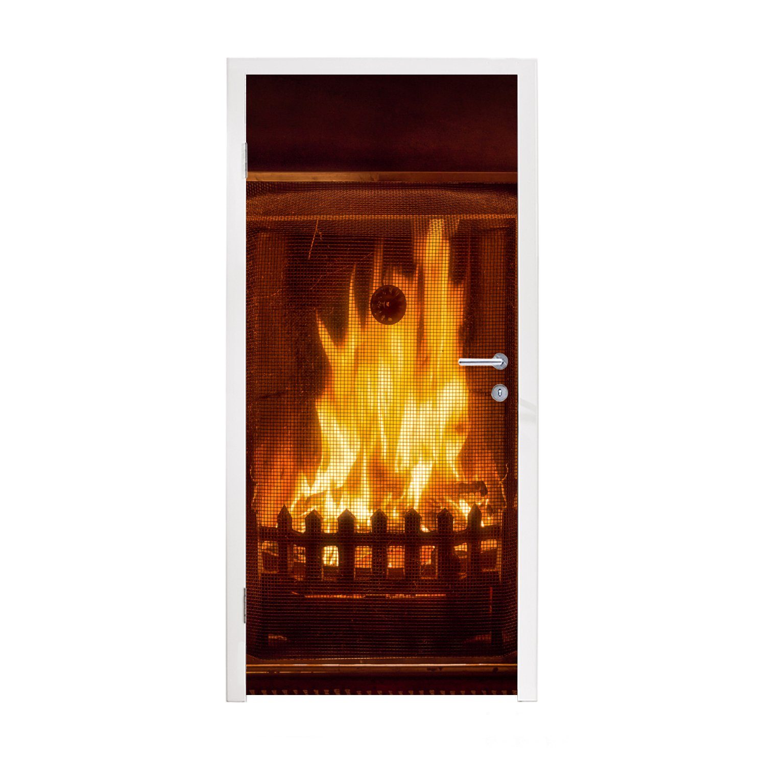 MuchoWow Türtapete Ein Kamin mit einem warmen Feuer, Matt, bedruckt, (1 St), Fototapete für Tür, Türaufkleber, 75x205 cm
