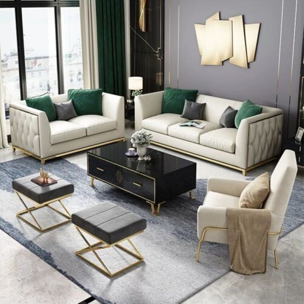 JVmoebel Wohnzimmer-Set, Sofa Garnitur 3tlg 3+2+1 Sitz Couch Leder Sofas Polster Set Hocker