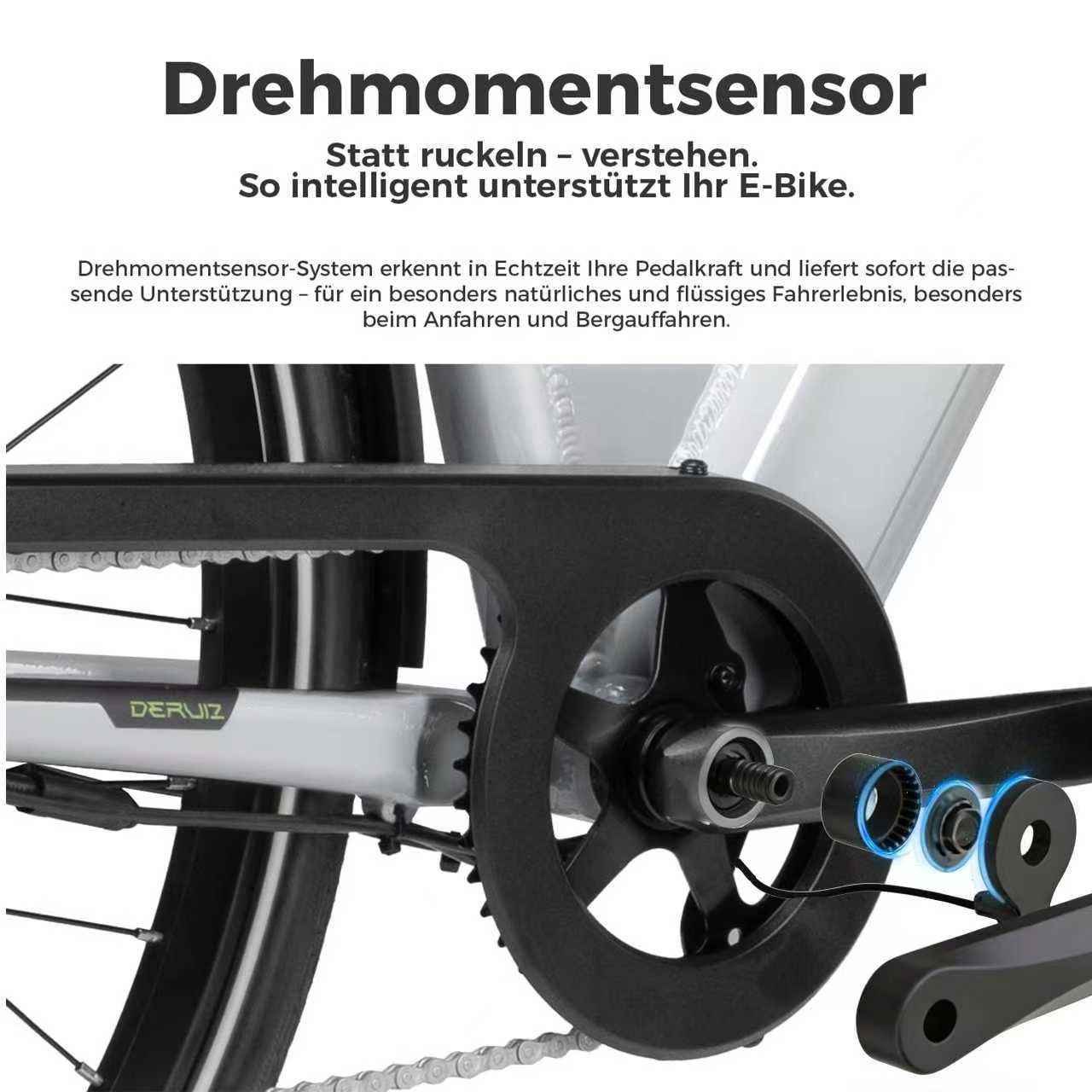 DERUIZ E-Bike Cityrad 28 Zoll, Quartz/SUV, 160 km, Drehmomentsensor, Bluetooth & APP, 8 Gang SHIMANO Altus RD-M310 Schaltwerk, Kettenschaltung, Heckmotor, 644 Wh, (Aluminium-Schutzbleche, 5 Stufen), nur 20kg, Federgabel mit Lockout, Elektrofahrrad für Damen und Herren