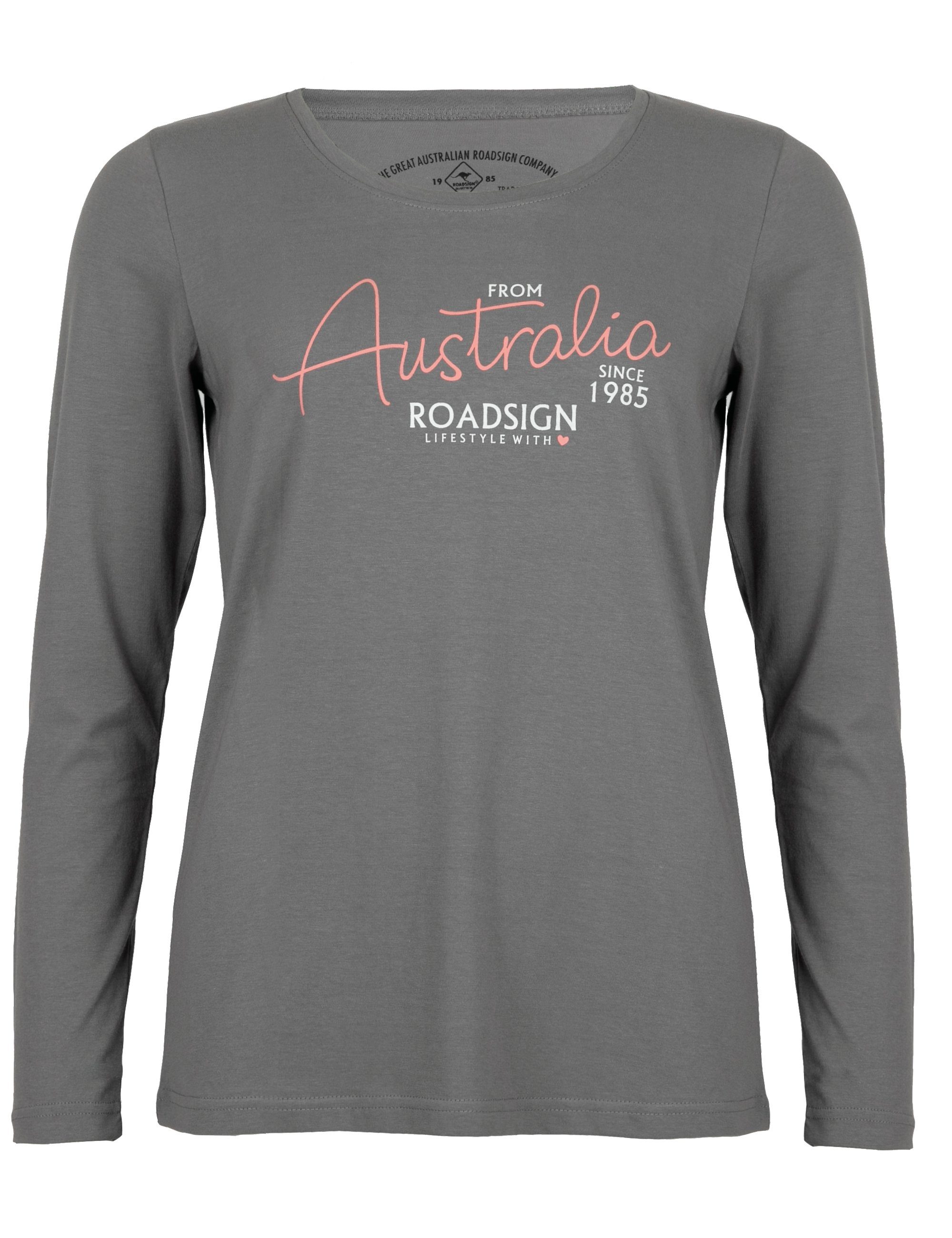 Grau (1-tlg) Rundhalsausschnitt, australia auf mit Langarmshirt der Baumwolle ROADSIGN Sweater Aufdruck Vorderseite aus und 100 Prozent Australia