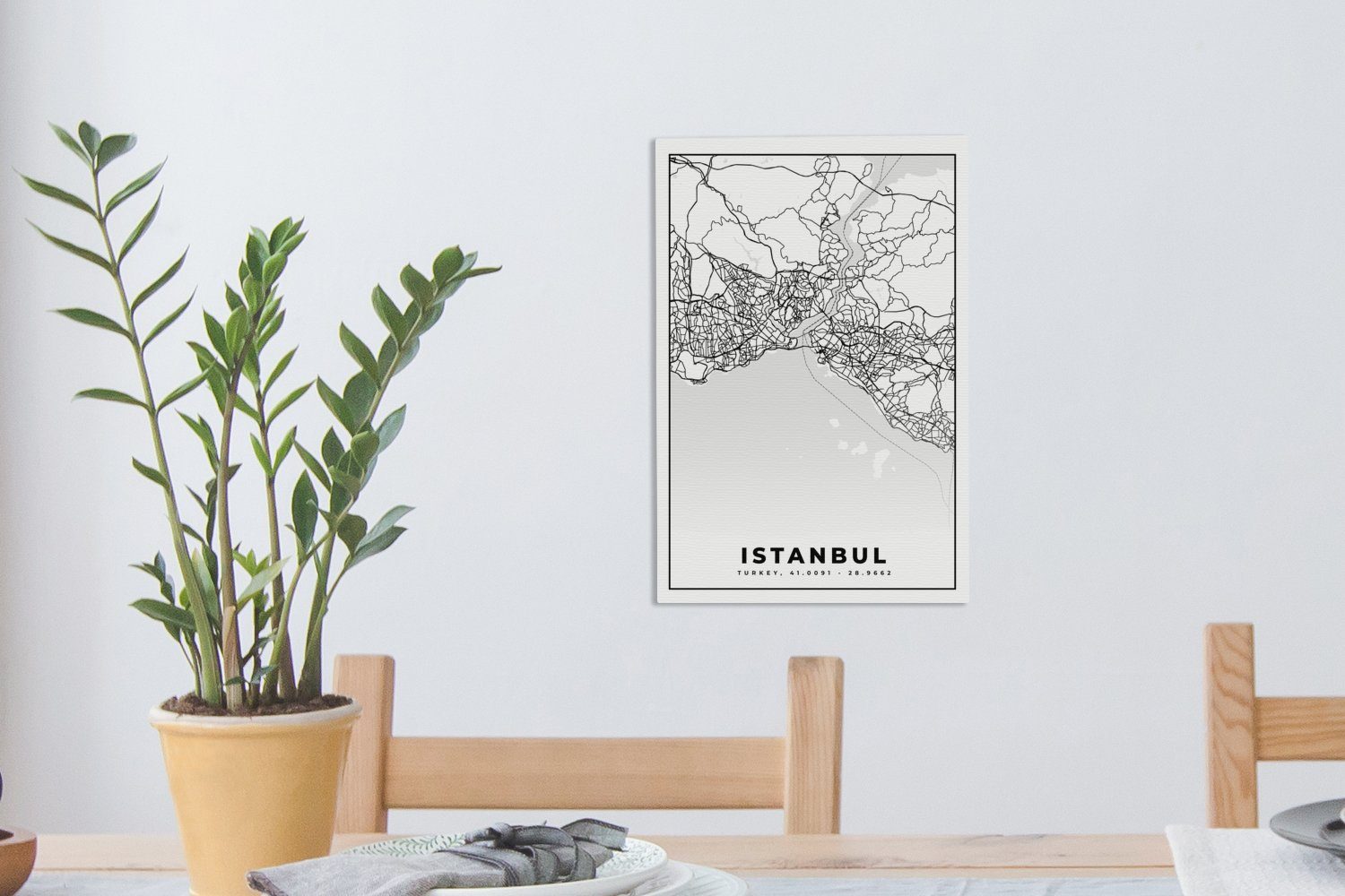 - 20x30 - Stadtplan cm St), - Gemälde, - OneMillionCanvasses® Karte, inkl. Leinwandbild Karte bespannt Leinwandbild fertig Istanbul Schwarz-weiß (1 Zackenaufhänger,