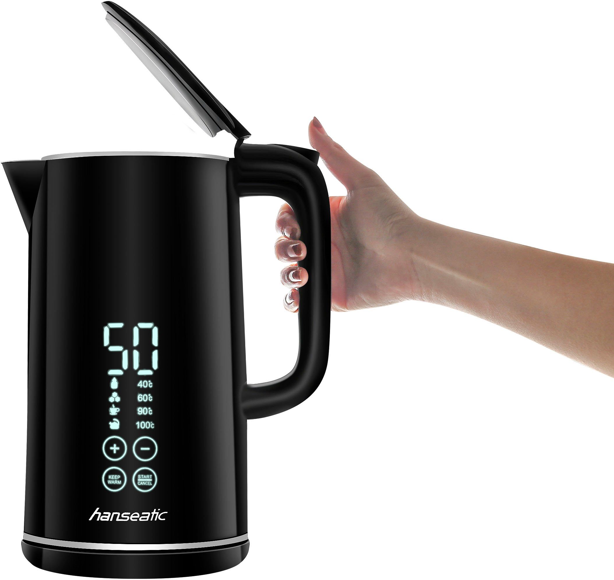 Hanseatic Wasserkocher HWK172200DBD, mit Temperaturvorwahl, 1,7 l, 2200 W, Warmhaltefunktion, extra großes Display