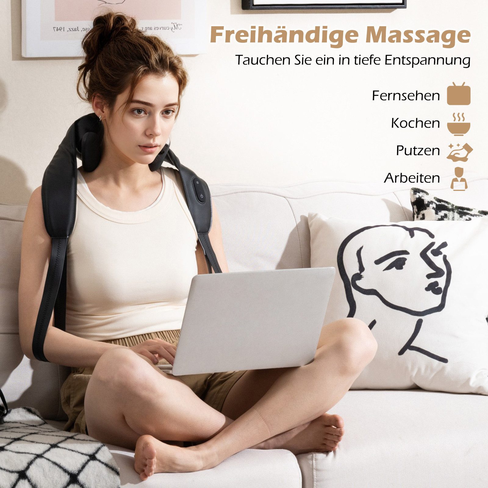 COSTWAY Nacken-Massagegerät, 4D Kneten Shiatsu mit 2 Wärmestufen, kabellos