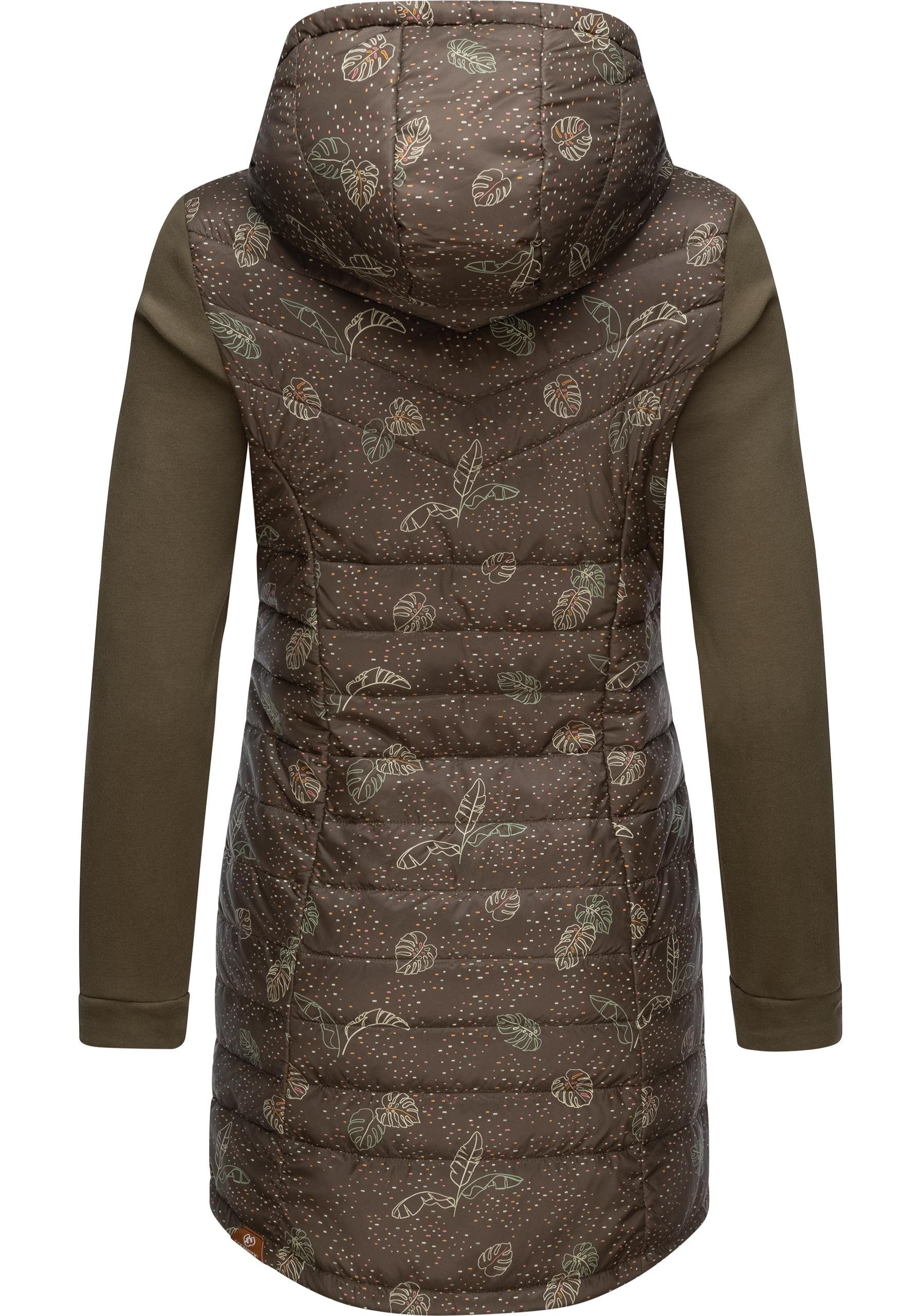 Ragwear Outdoorjacke Lucinda aus Print olivgrün Kapuze modernem Long mit Steppjacke Materialmix