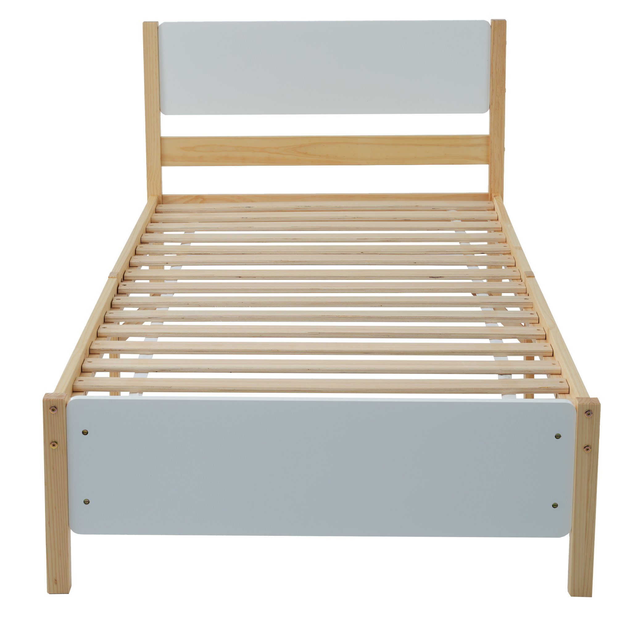 Flieks Massivholzbett, Einzelbett Kiefernholzbett mit Kopfteil und Lattenrost 90x200cm