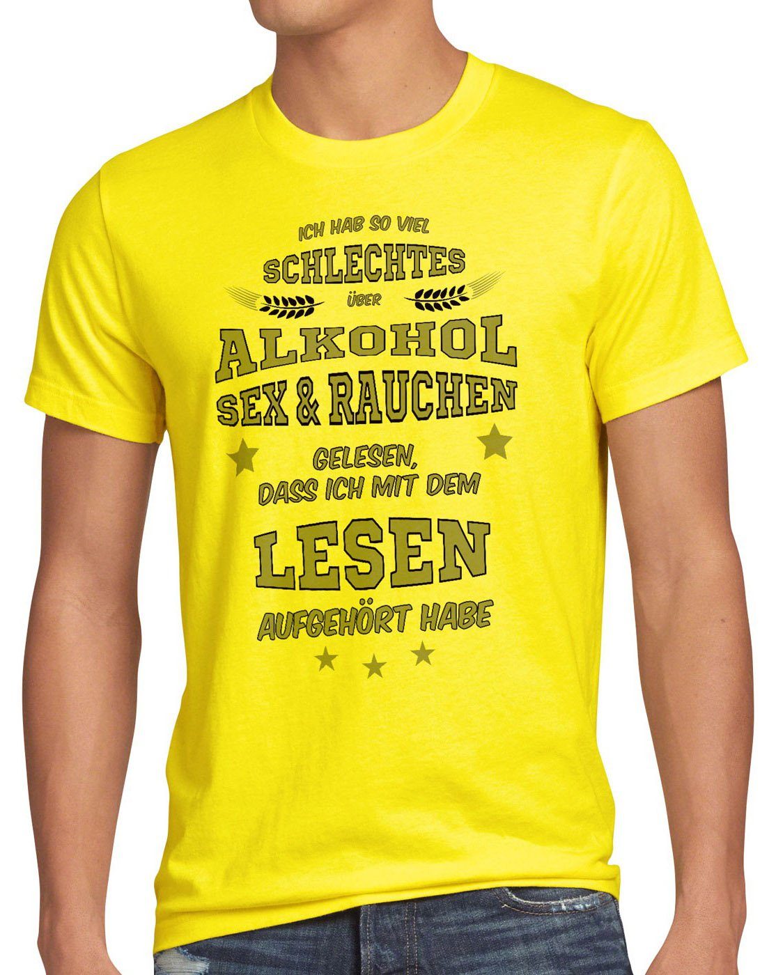 style3 Spruch Funshirt Print-Shirt Viel Rauchen gelb Sex T-Shirt gelesen Herren schlechtes Fun Alkohol