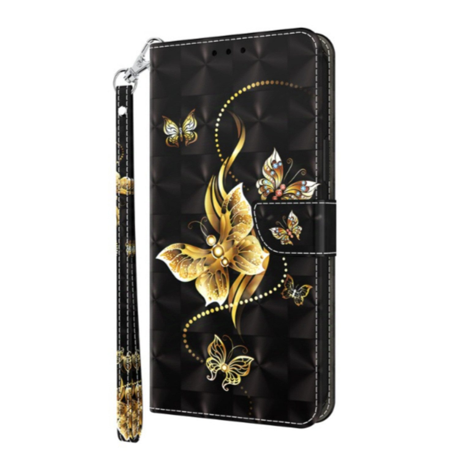 CLM-Tech Handytasche für Xiaomi Redmi Note 14 PRO 5G Hülle aus PU-Leder Klapphülle (goldene Schmetterlinge schwarz, Handyhülle mit Standfunktion - Wallet Flip Case inklusive Kartenfächer), Cover mit Magnetverschluss - Xiaomi Redmi Note 14 Pro 5G Schutzhülle