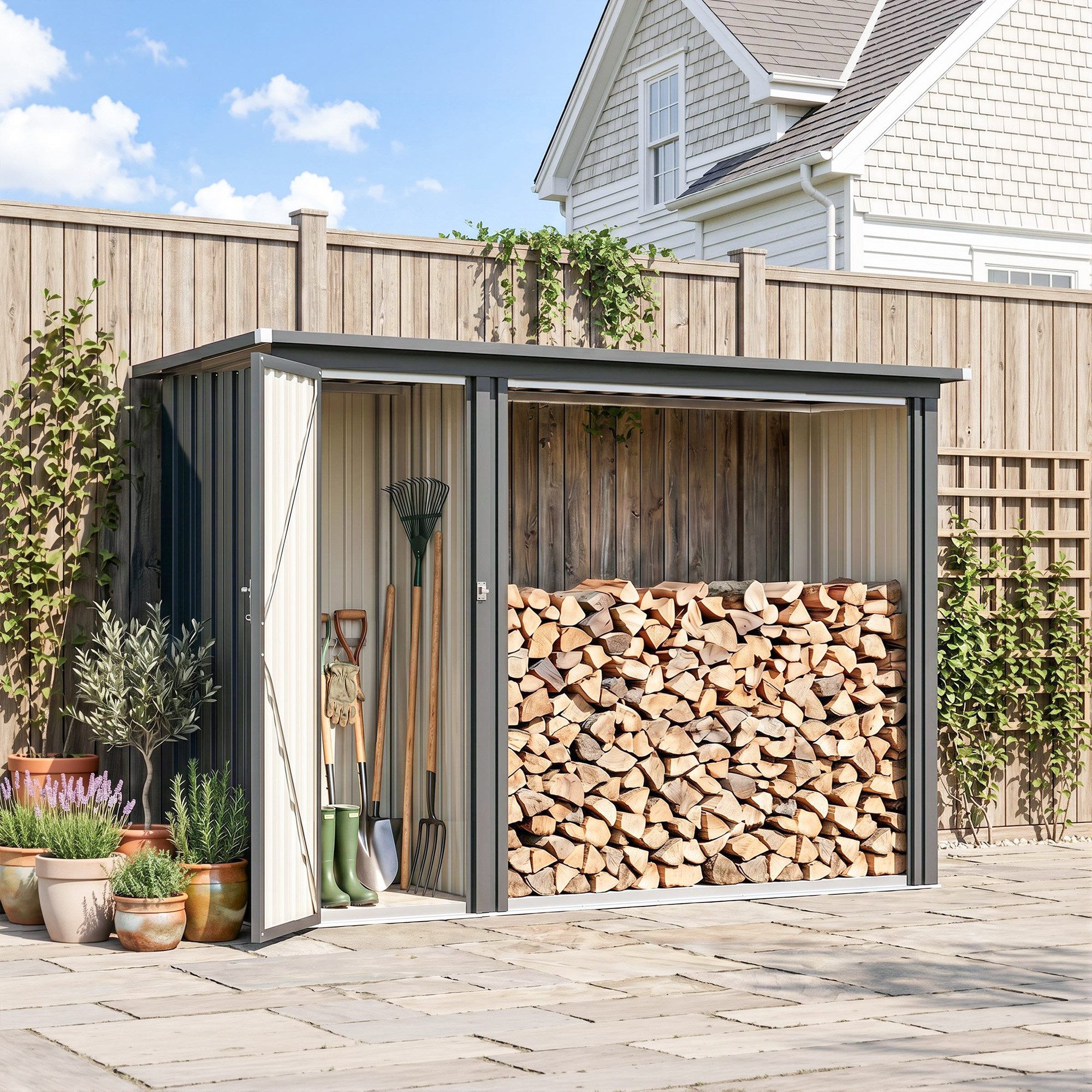 Outsunny Kaminholzregal-Erweiterung 2-in-1 Brennholzregal mit Geräteschrank, BxTxH:67x235x149 cm, (Set, 1-St., 2-in-1 Holzlager), Geräteschrank + Kaminholzregal