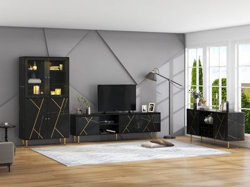 OKWISH Wohnwand Wohnwand, (Vitrine mit LED, Couchtisch, Sideboard), Wohnmöbel Set in Schwarz, Wohnzimmerset mit Metallbeine