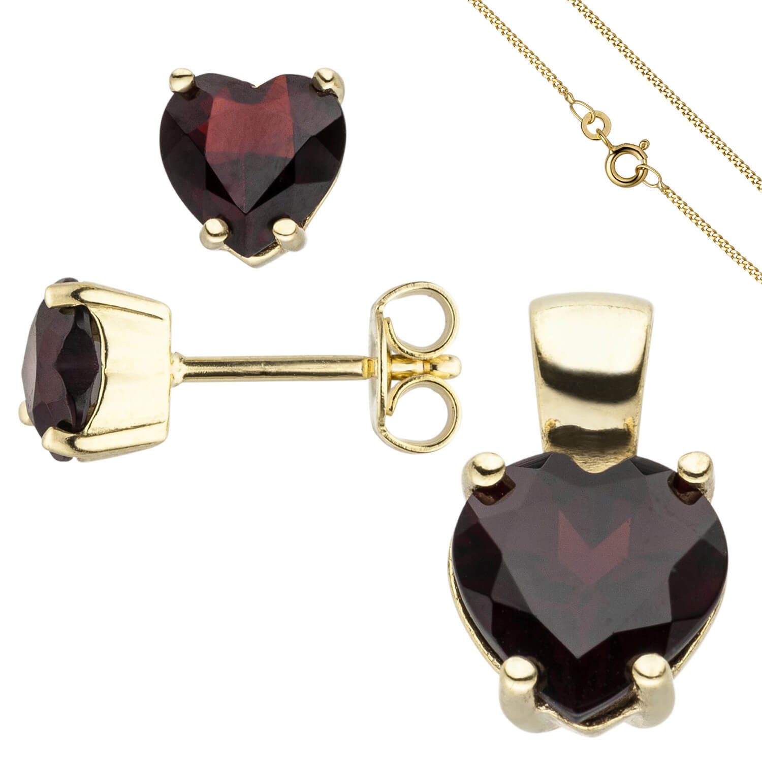 Schmuck Krone Schmuckset Schmuck-Set 333 Gelbgold Granat-Herzen mt Kette 45cm, Gold 333