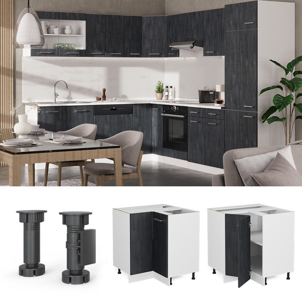 Vicco Eckunterschrank R-Line, Schwarz Beton/Weiß, 75.6 cm ohne Arbeitsplatte (1-St)