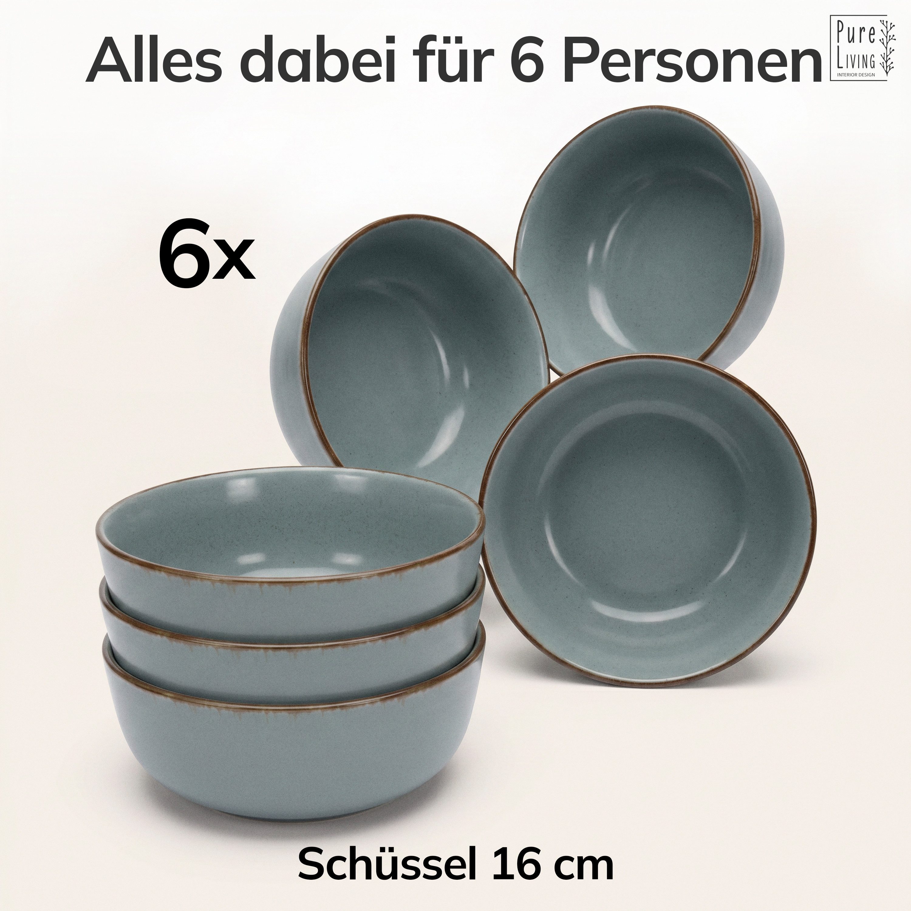 PURE LIVING INTERIOR DESIGN Geschirr-Set Müslischalen Rustic, 6er-Set, 16 cm, Rauchblau, Steingut (6-tlg), 6 Personen, Steingut – Bild 5 von 5
