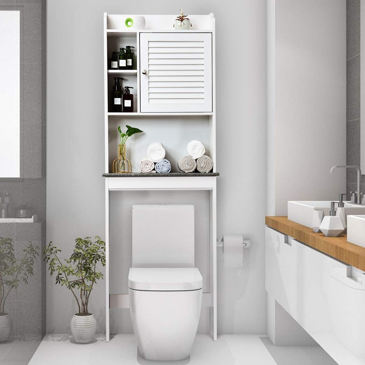 KOMFOTTEU Hochschrank Toilettenregal mit 59 Ablage, × Regal 173cm 17 & × Lamellentür