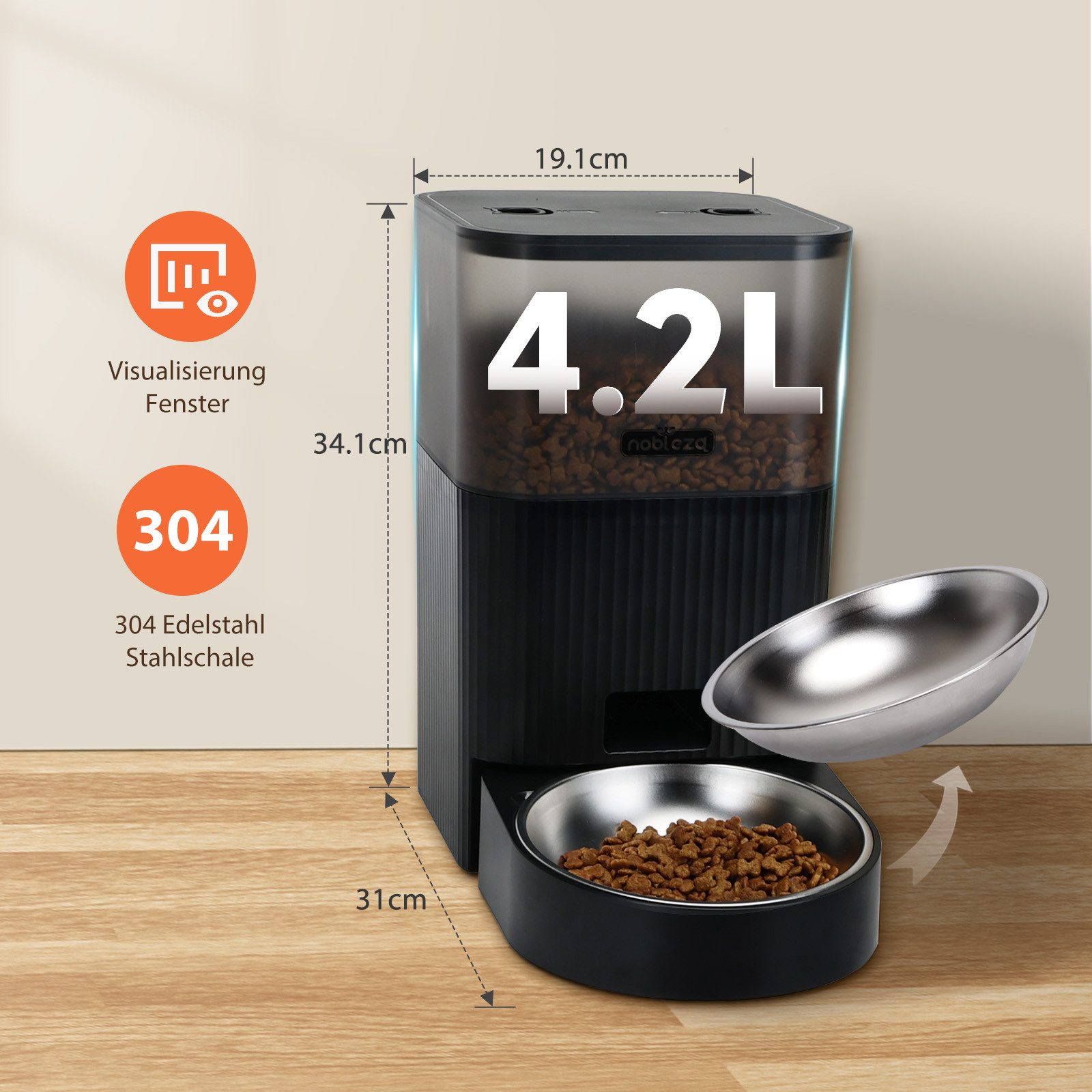nobleza Katzen-Futterspender Automatischer Futterautomat für Katze &Hund 4.2L Pet Feeder mit Timer