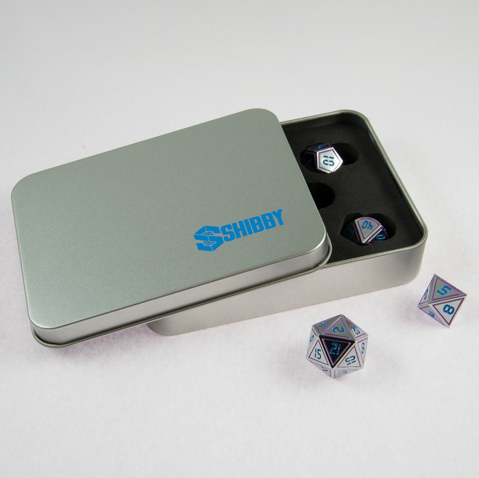 SHIBBY Spielesammlung 7 Pen&Paper Metall-DND-Würfel im Digital-Look