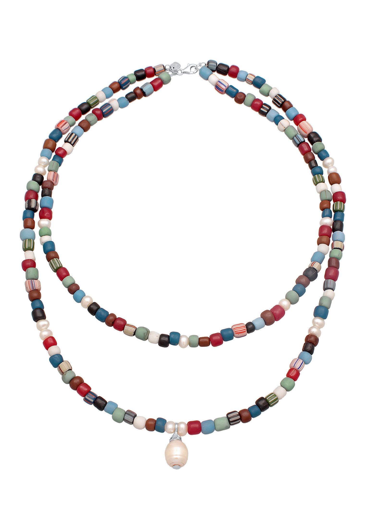 Kuzzoi Ketten-Set Glas Beads Layer Bunt Süßwasserperlen 925 Silber
