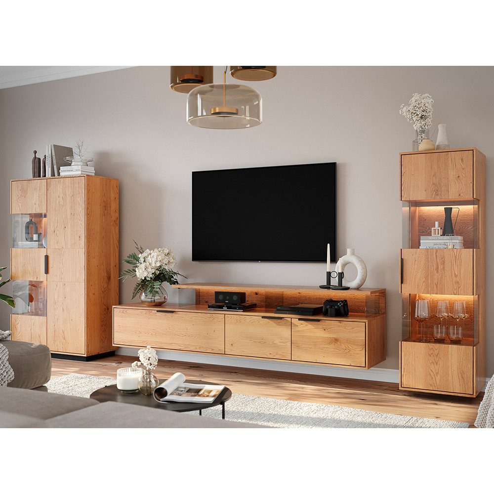 Lomadox Wohnwand TIVAT-163, (3-St., Vitrine Lowboard Highboard), Eiche mass günstig online kaufen