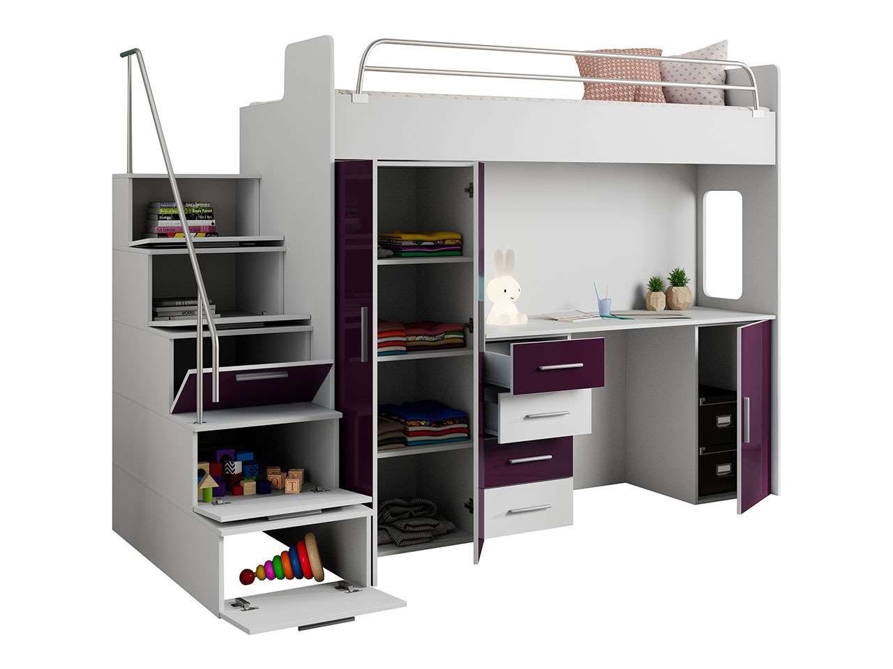 Jugendmöbelset Schließfächern), (Bett, mit Schrank Etagenbett, Schreibtisch, Kleiderschrank, Treppe MÖBEL 4S Violett und EDEN Schreibtisch MKS mit Jugendbett