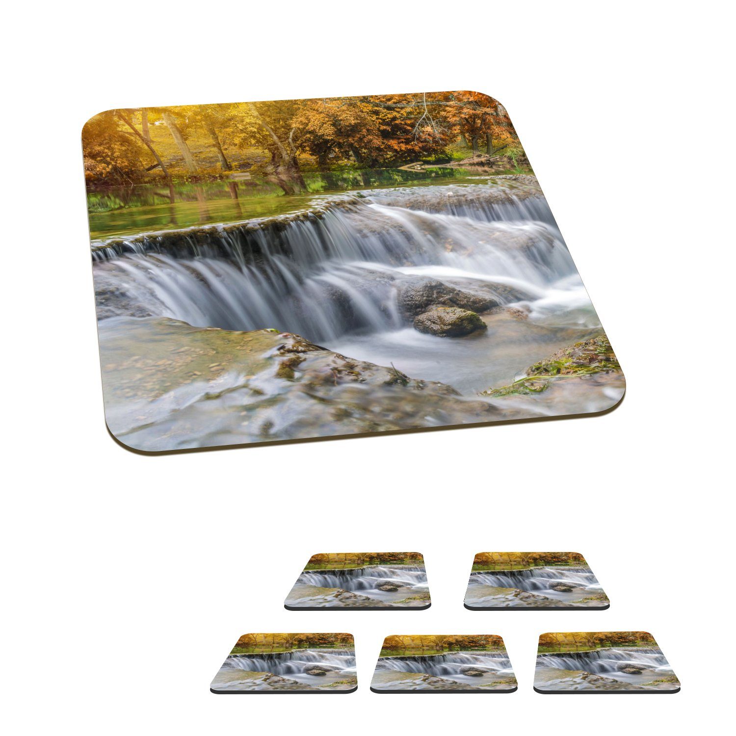 MuchoWow Glasuntersetzer Herbst - Wasserfall - Natur - Bäume, Zubehör für Gläser, 6-tlg., Glasuntersetzer, Tischuntersetzer, Korkuntersetzer, Untersetzer, Tasse