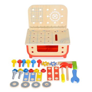 Tooky Toy Spielwerkzeug Kinder Holz Werkbank TF797, Kinderwerkzeug, Hammer, 31 Teile, Schrauben