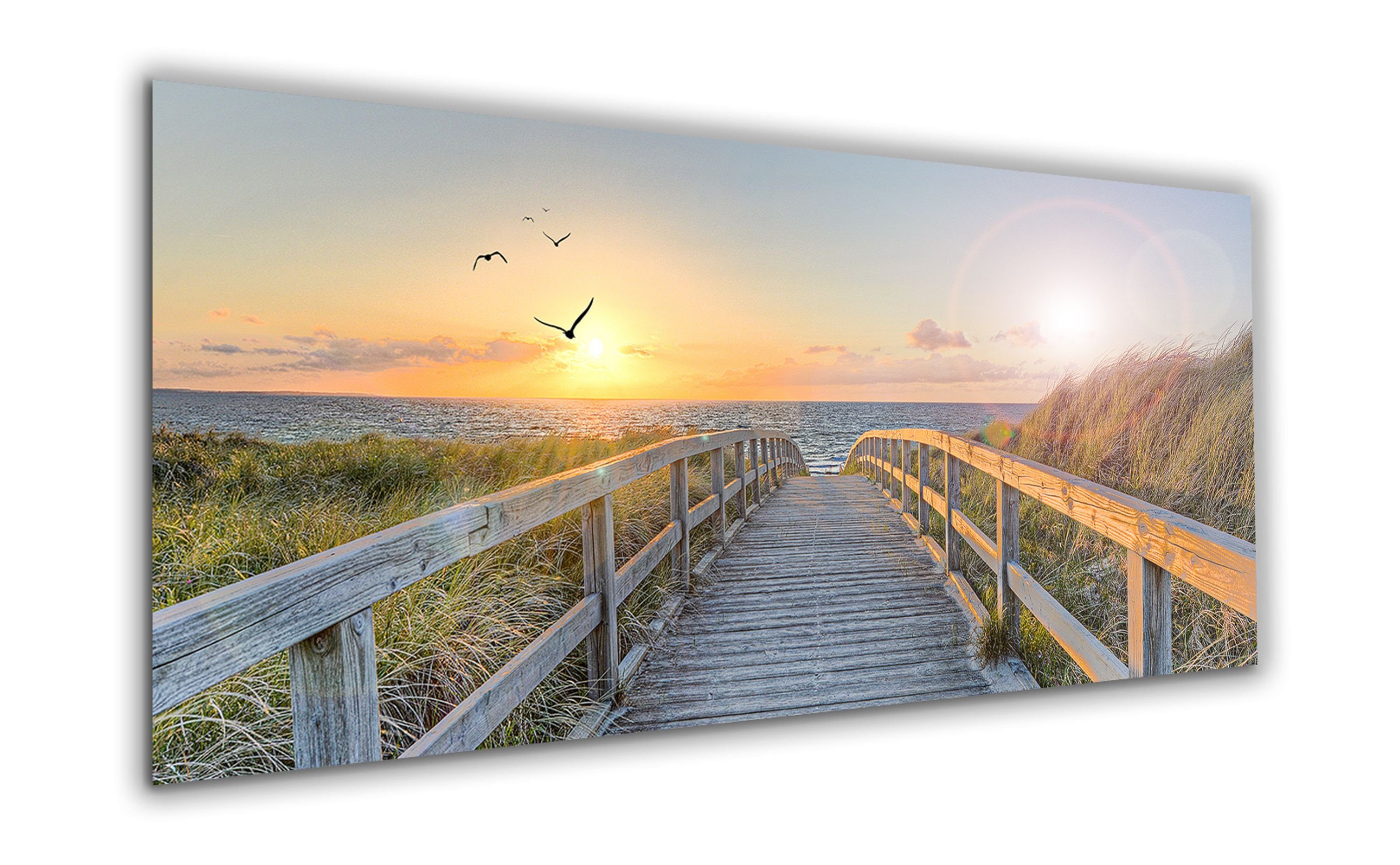 Glas Glasbild cm Strand-Landschaft: artissimo Steg, Sonneuntergang Meer zum aus XXL 125x50 Glasbild Weg Wandbild Bild groß