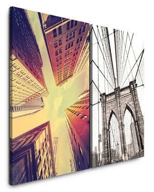 Sinus Art Leinwandbild 2 Bilder je 60x90cm Brooklyn Bridge New York Wolkenkratzer Stadt Architektur Modern Hängebrücke