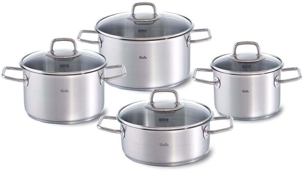 Fissler Topf-Set Viseo Topf-Set, Edelstahl 18/10 (Set, 8-tlg., 1x Bratentopf 20 cm, je 1x Kochtopf 16/20/24 cm), Induktionsgeeignet, Mess-Skala, Made in Germany