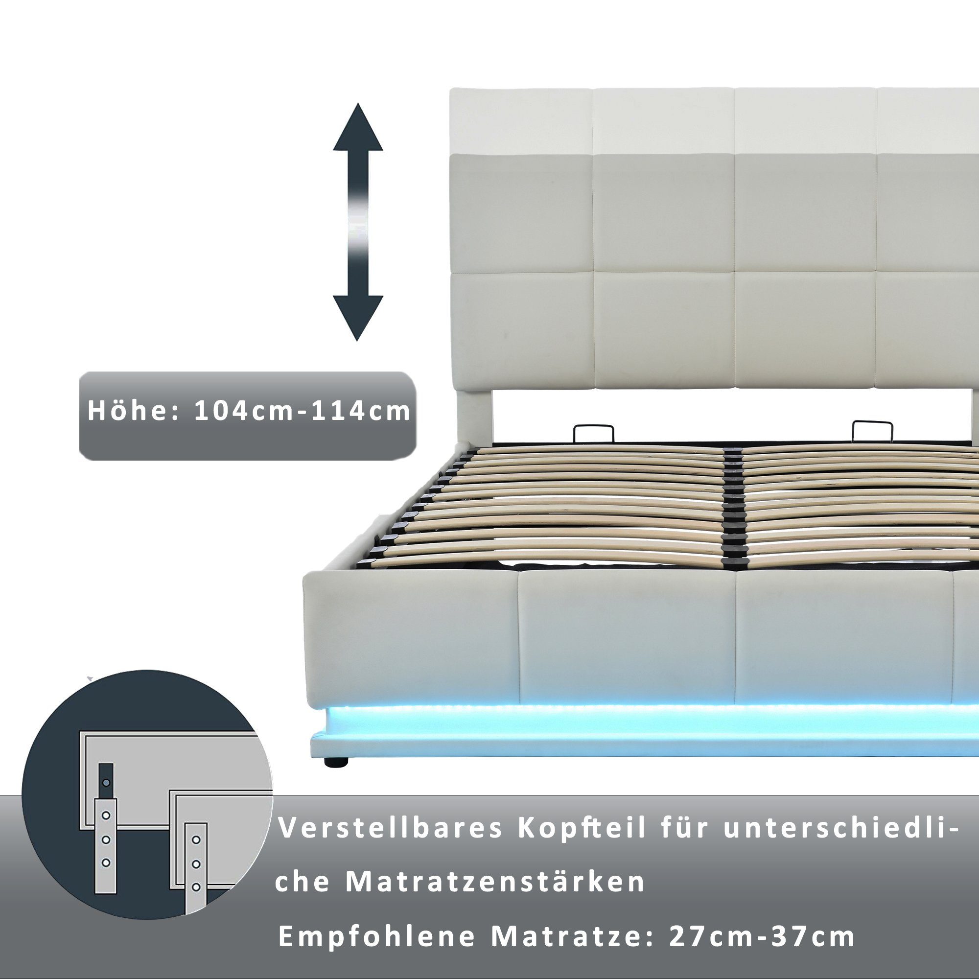 Polsterbett, Hellgrau LED hydraulisches Doppelbett Kunstleder Flieks 140x200cm