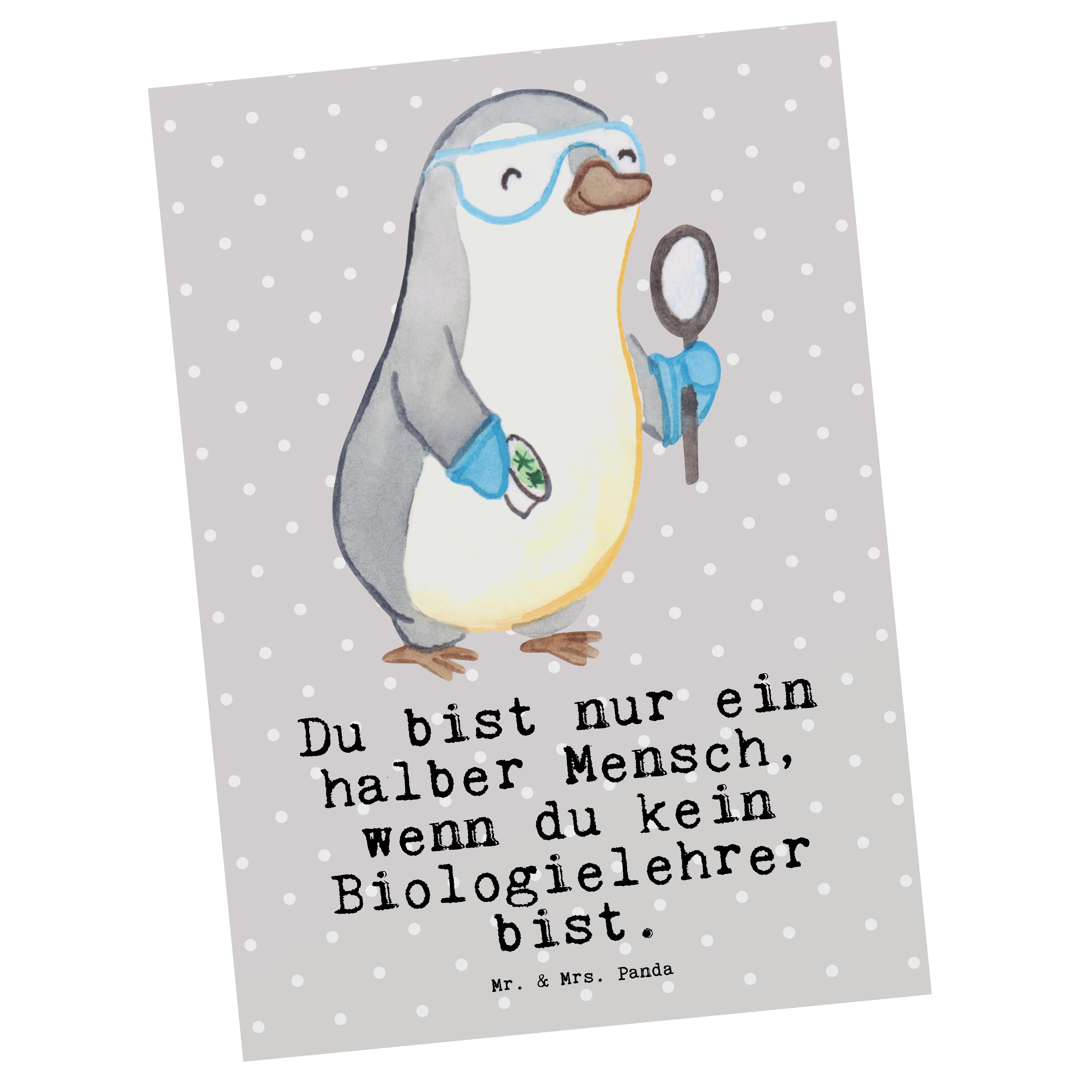 Mr. & Mrs. Panda Postkarte Biologielehrer mit Herz - Grau Pastell - Geschenk, Schenken, Grußkart
