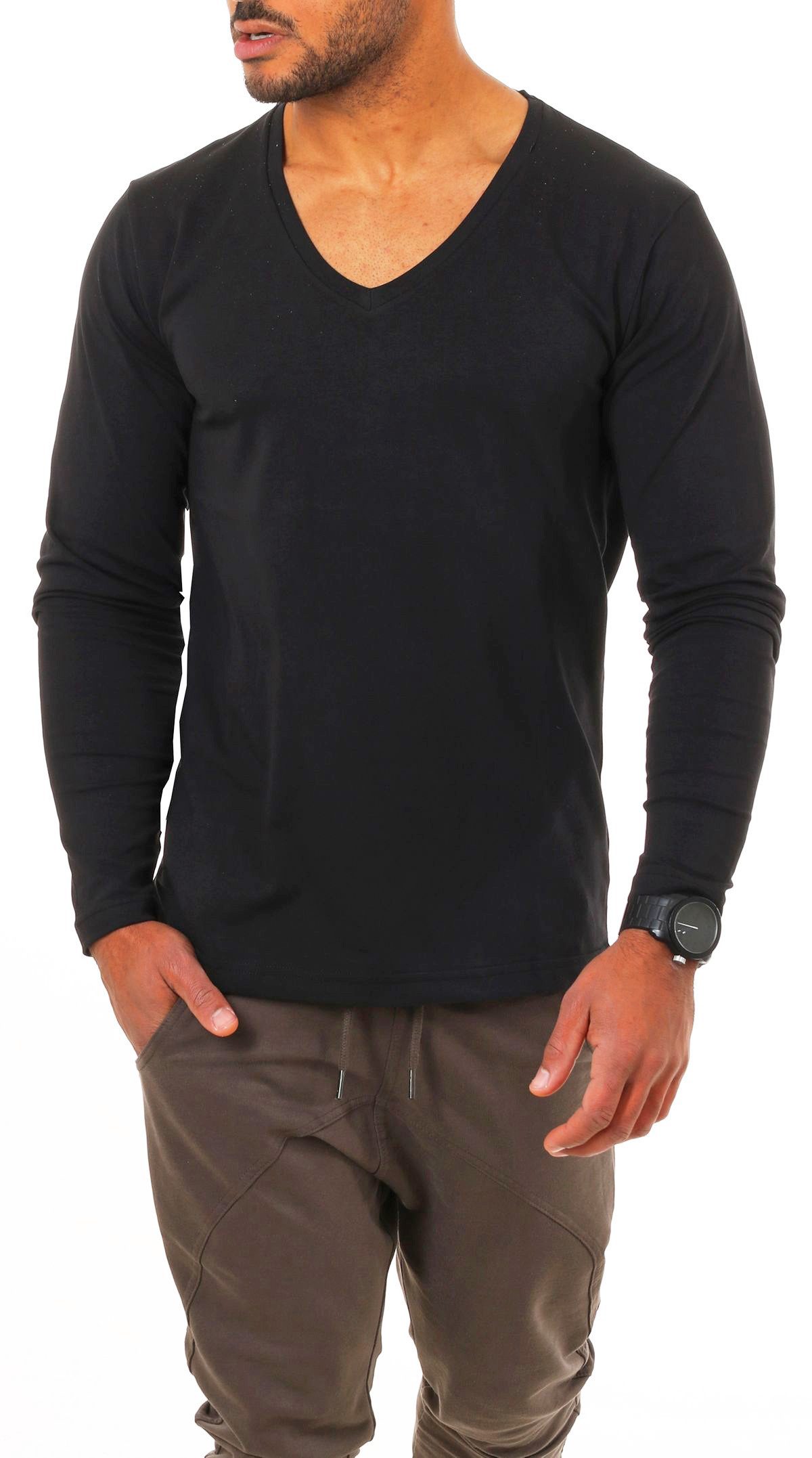 Young & Rich Langarmshirt Herren Uni Basic tiefer V-Ausschnitt Longsleeve Unterziehshirt 2239 V-Ausschnitt unifarben langarm slim fit