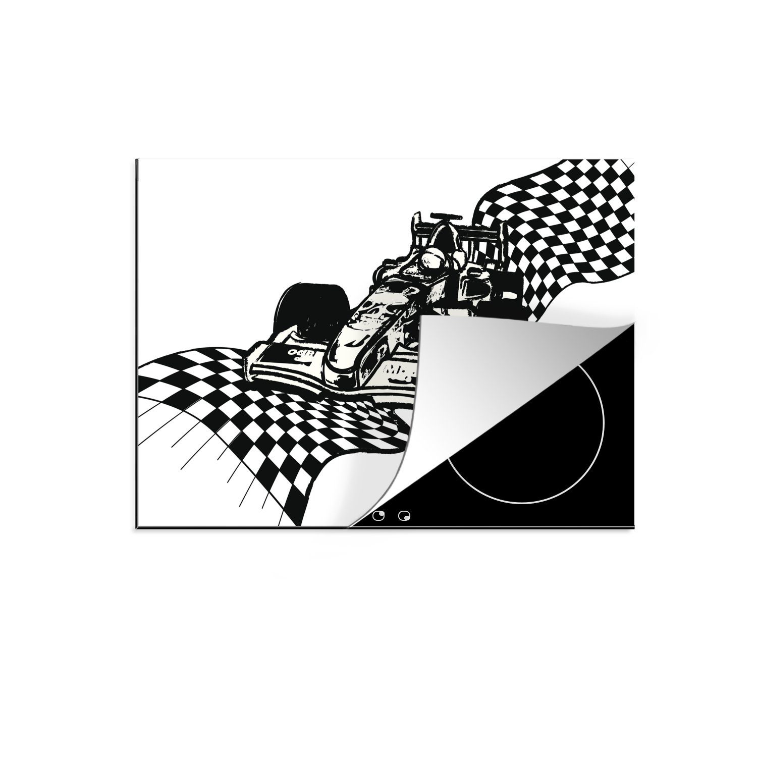 MuchoWow Herdblende-/Abdeckplatte Ein Rennwagen aus der Formel 1 mit einer Zielflagge in einer, Vinyl, (1 tlg), 70x52 cm, Mobile Arbeitsfläche nutzbar, Ceranfeldabdeckung