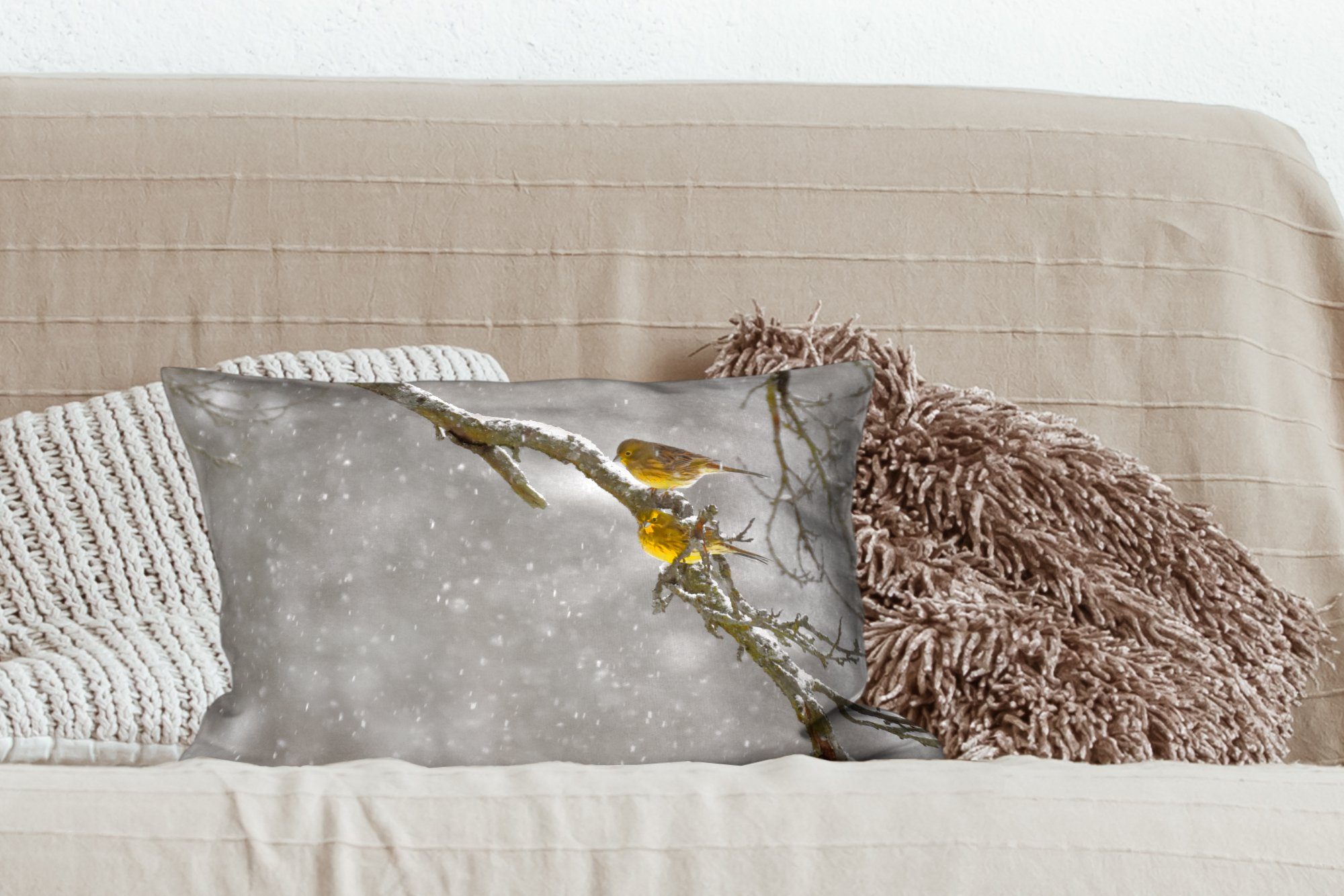 - mit Schlafzimmer Dekoration, Füllung, Schnee MuchoWow Zierkissen, Vogel, Goldammer Dekokissen Dekokissen - Wohzimmer