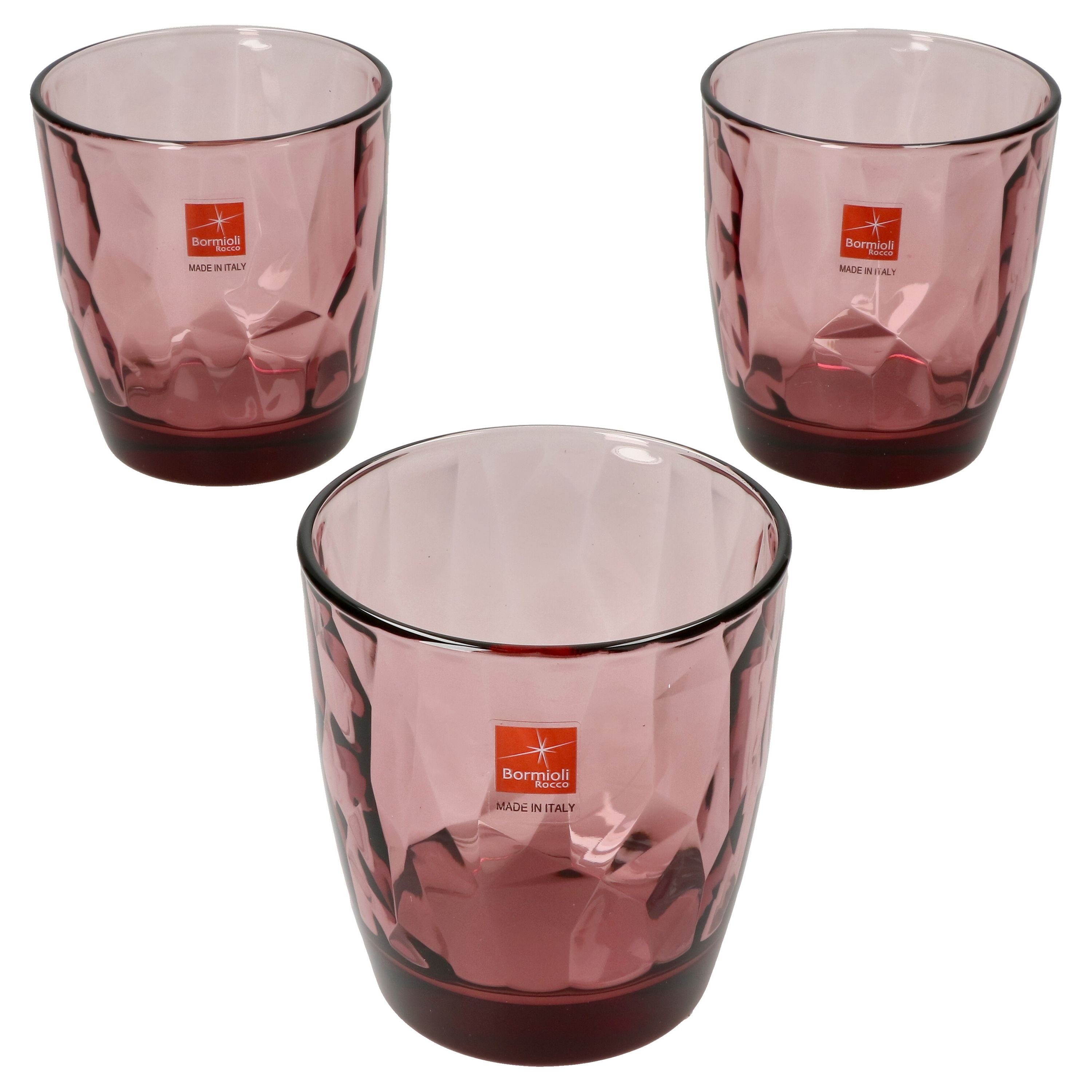 Bormioli Rocco Whiskyglas 3er Set Diamond Whiskyglas Rock Purple 305ml Tumbler Cocktail lila, Glas