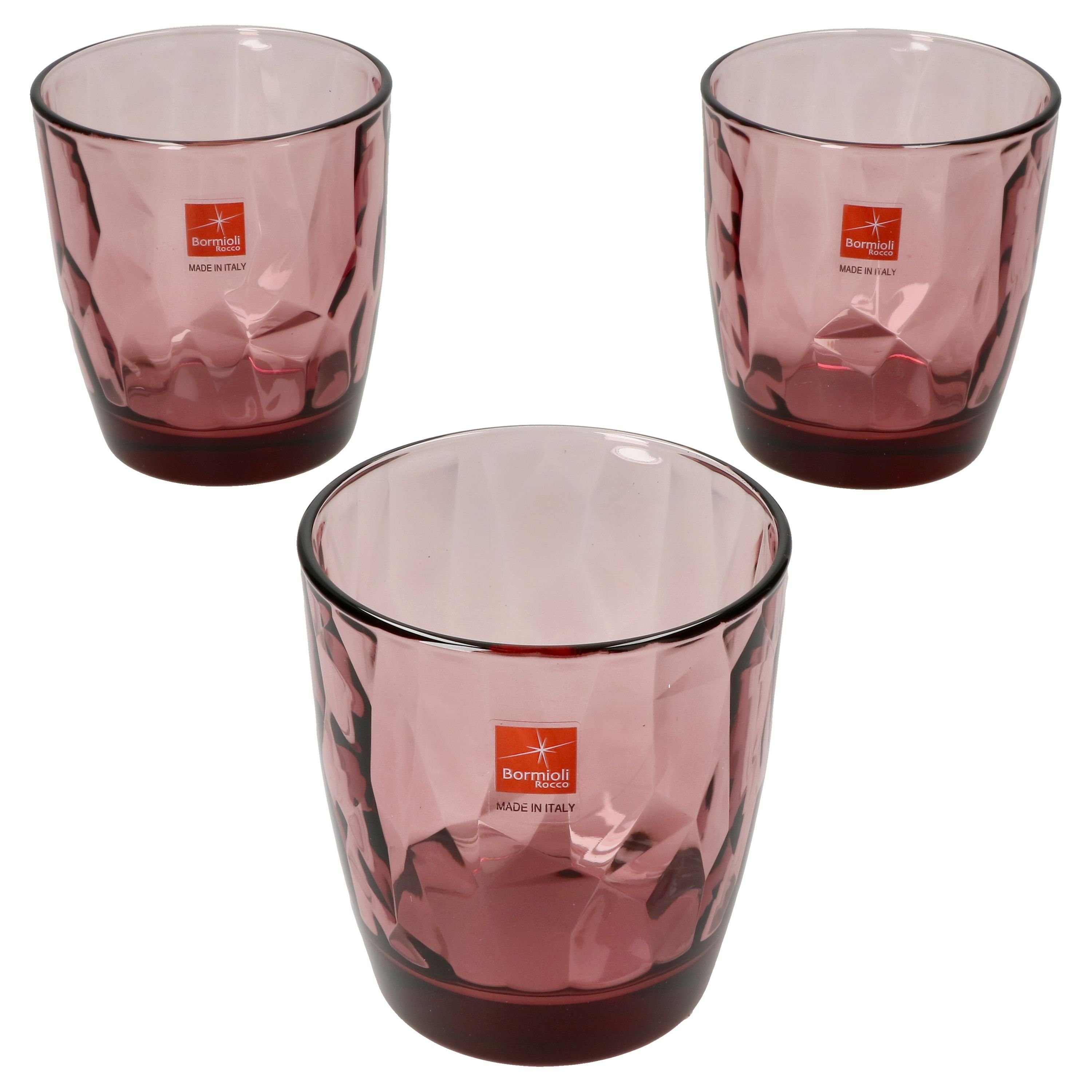 Bormioli Rocco Whiskyglas 3er Set Diamond Whiskyglas Rock Purple 305ml Tumbler Cocktail lila, Glas